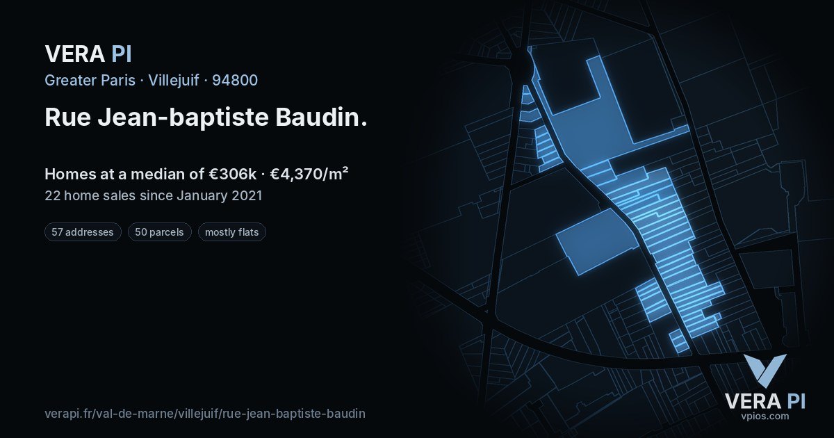 Rue Jean-baptiste Baudin, Villejuif at night – every parcel coloured by the prices around it, the street's own parcels lit
