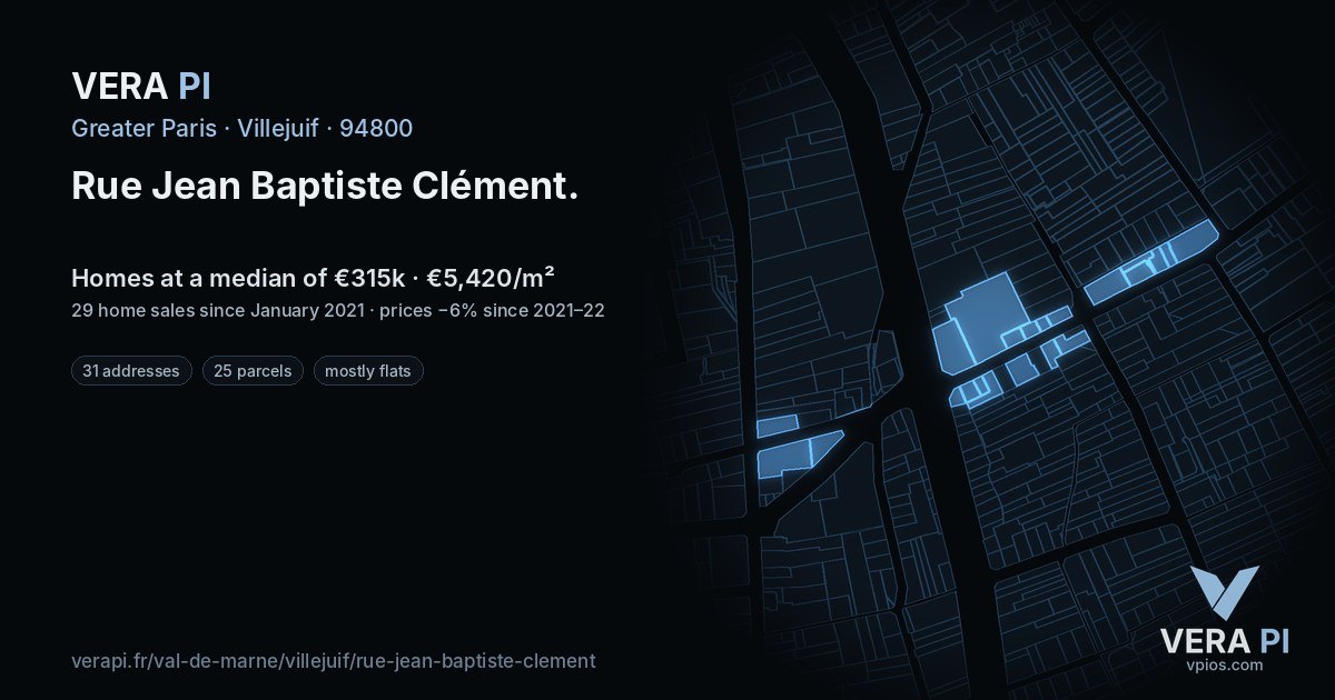 Rue Jean Baptiste Clément, Villejuif at night – every parcel coloured by the prices around it, the street's own parcels lit