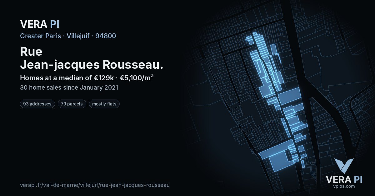 Rue Jean-jacques Rousseau, Villejuif at night – every parcel coloured by the prices around it, the street's own parcels lit