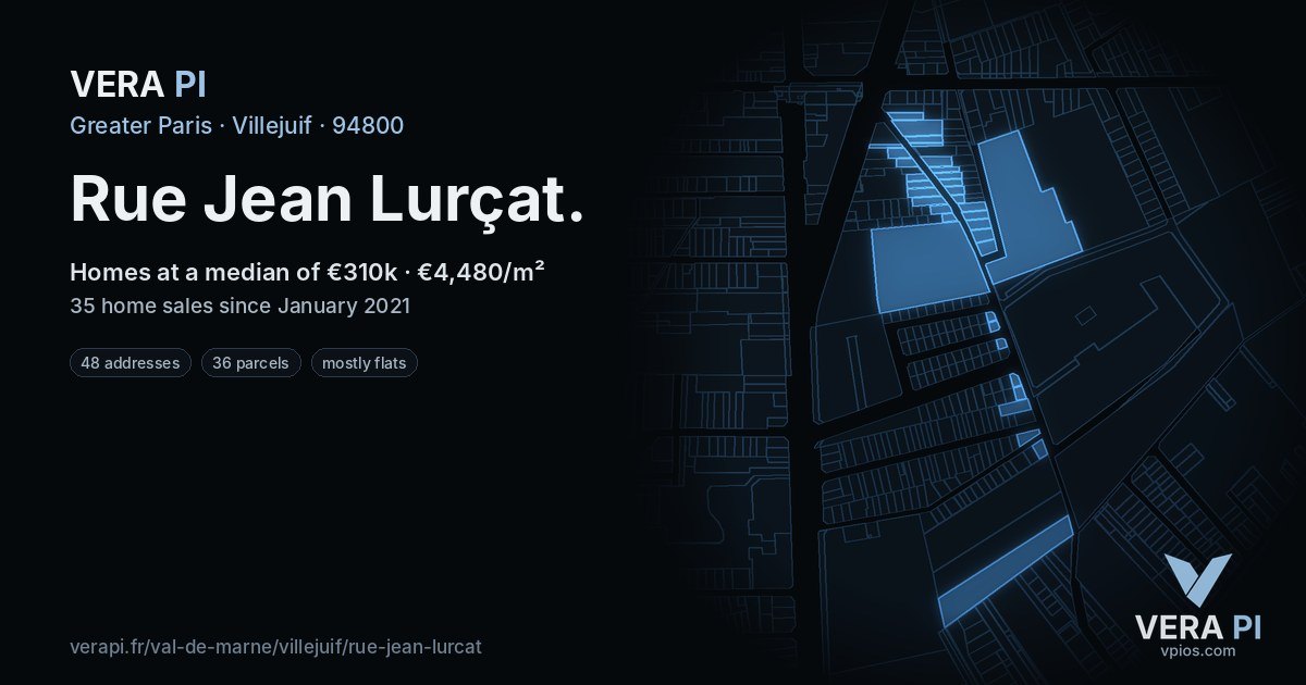 Rue Jean Lurçat, Villejuif at night – every parcel coloured by the prices around it, the street's own parcels lit