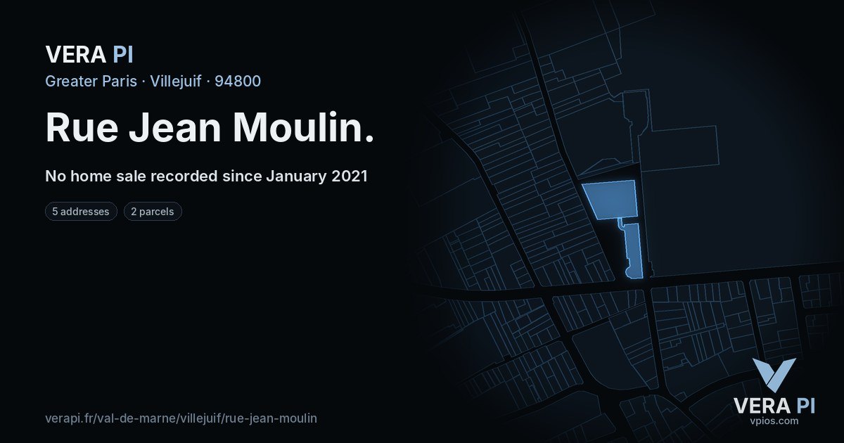 Rue Jean Moulin, Villejuif at night – every parcel coloured by the prices around it, the street's own parcels lit