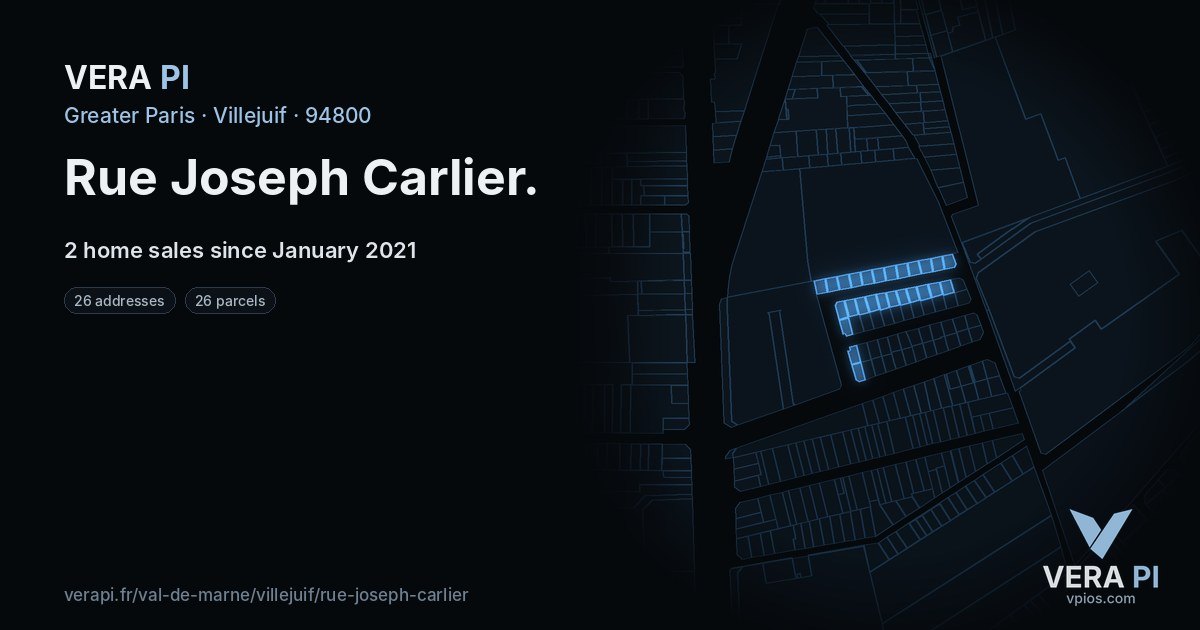 Rue Joseph Carlier, Villejuif at night – every parcel coloured by the prices around it, the street's own parcels lit