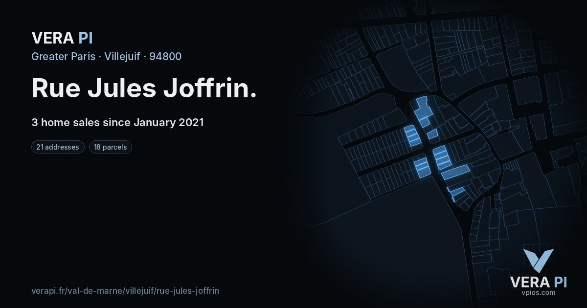 Rue Jules Joffrin, Villejuif at night – every parcel coloured by the prices around it, the street's own parcels lit