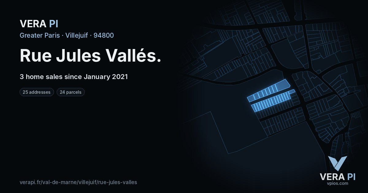 Rue Jules Vallés, Villejuif at night – every parcel coloured by the prices around it, the street's own parcels lit