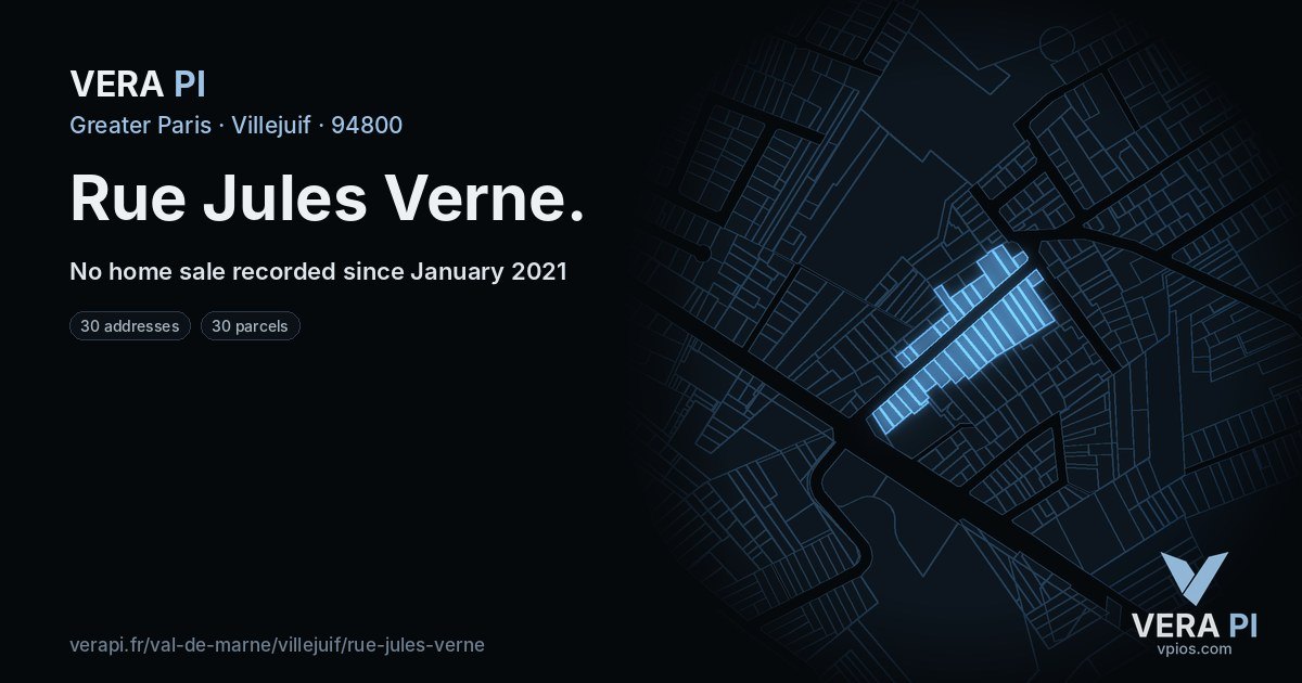Rue Jules Verne, Villejuif at night – every parcel coloured by the prices around it, the street's own parcels lit