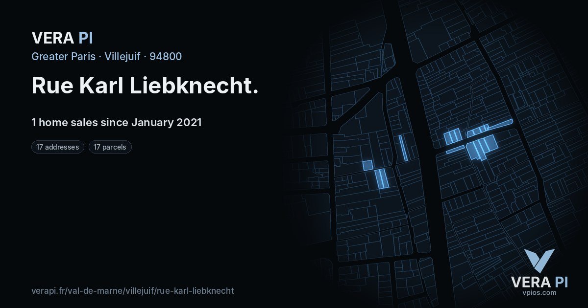 Rue Karl Liebknecht, Villejuif at night – every parcel coloured by the prices around it, the street's own parcels lit