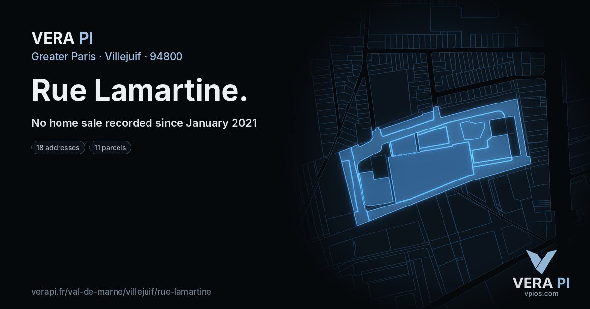 Rue Lamartine, Villejuif at night – every parcel coloured by the prices around it, the street's own parcels lit