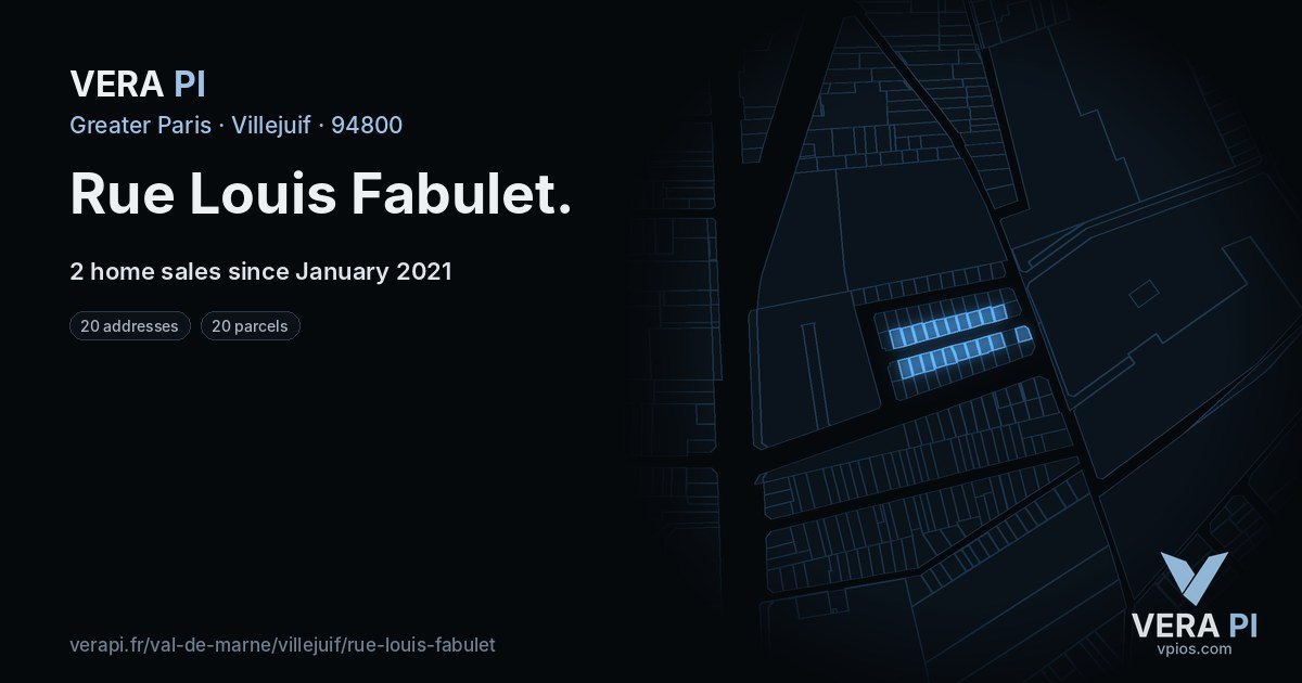 Rue Louis Fabulet, Villejuif at night – every parcel coloured by the prices around it, the street's own parcels lit