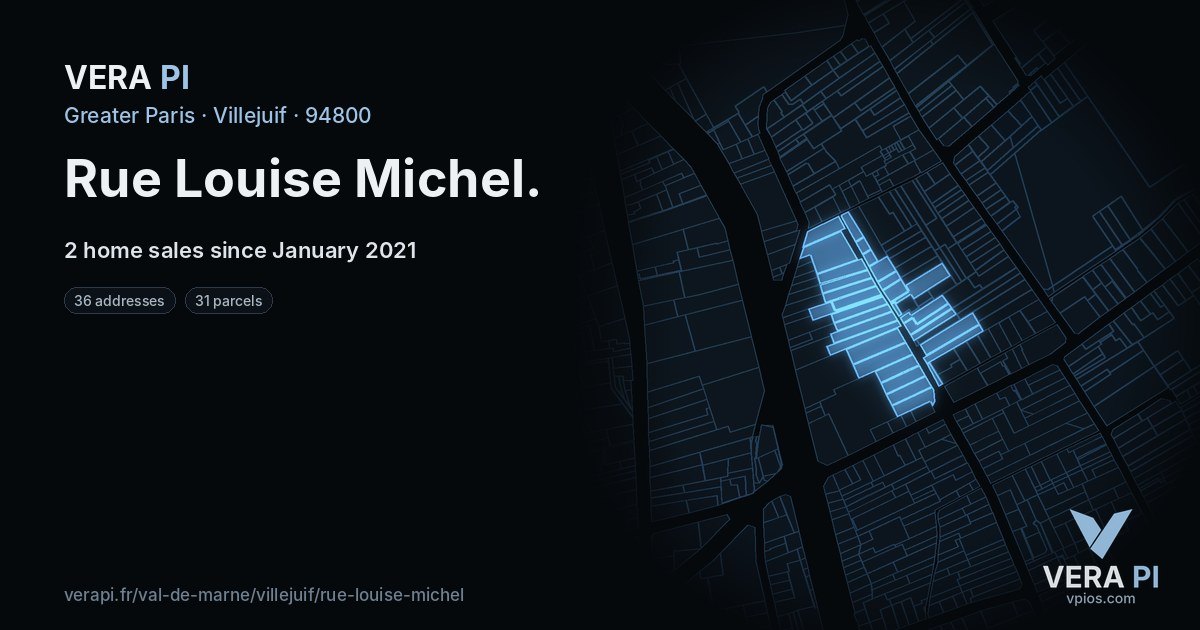 Rue Louise Michel, Villejuif at night – every parcel coloured by the prices around it, the street's own parcels lit