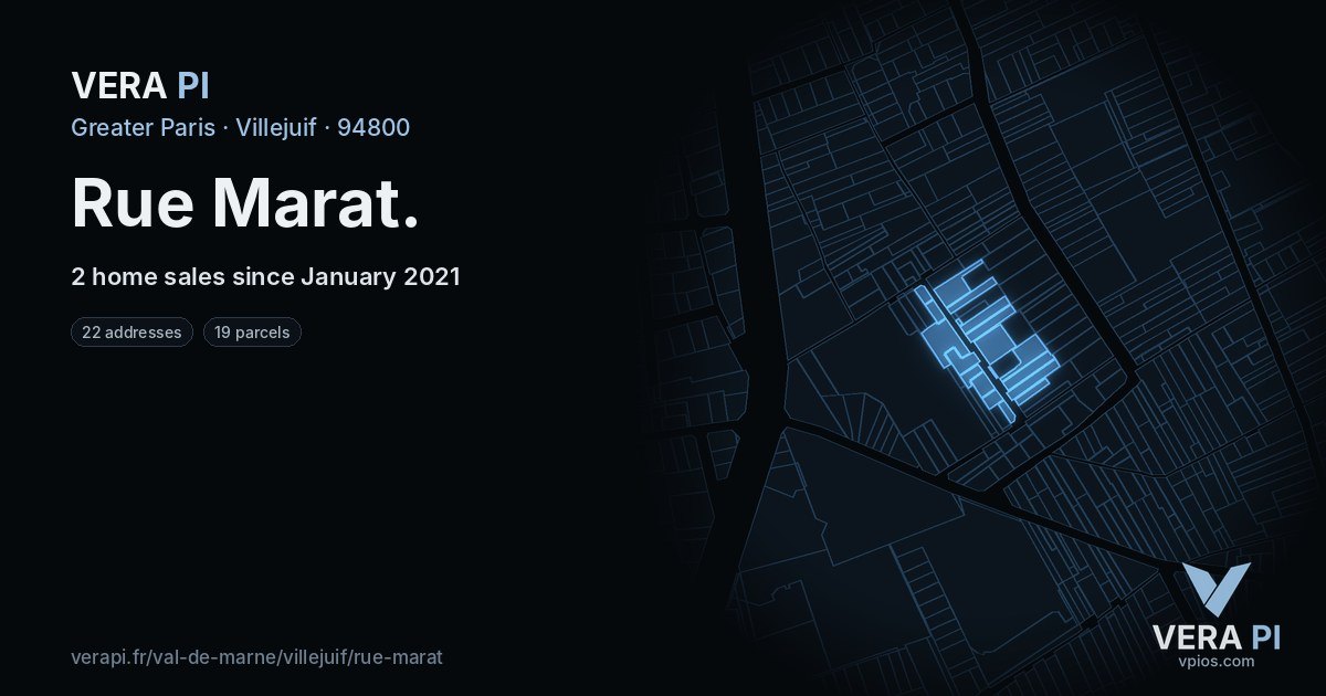 Rue Marat, Villejuif at night – every parcel coloured by the prices around it, the street's own parcels lit