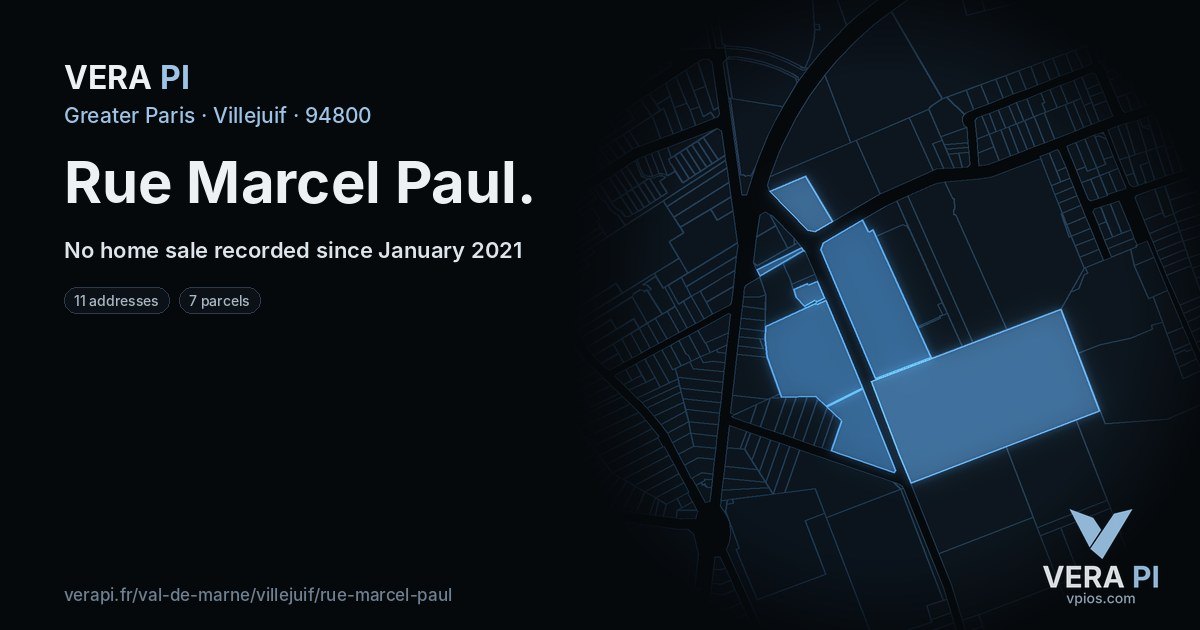Rue Marcel Paul, Villejuif at night – every parcel coloured by the prices around it, the street's own parcels lit