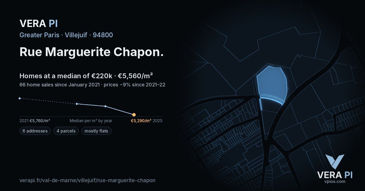 Rue Marguerite Chapon, Villejuif at night – every parcel coloured by the prices around it, the street's own parcels lit