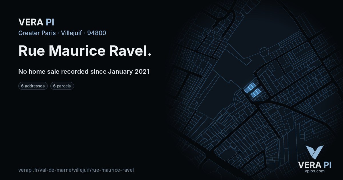 Rue Maurice Ravel, Villejuif at night – every parcel coloured by the prices around it, the street's own parcels lit