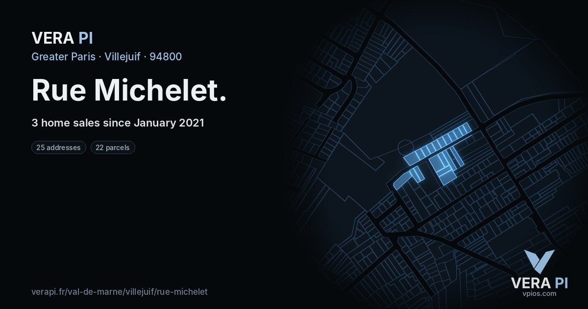 Rue Michelet, Villejuif at night – every parcel coloured by the prices around it, the street's own parcels lit