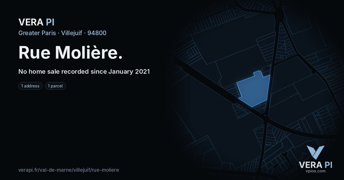 Rue Molière, Villejuif at night – every parcel coloured by the prices around it, the street's own parcels lit
