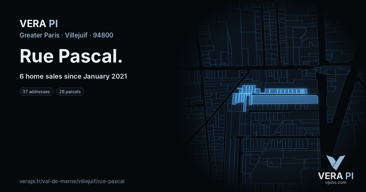 Rue Pascal, Villejuif at night – every parcel coloured by the prices around it, the street's own parcels lit