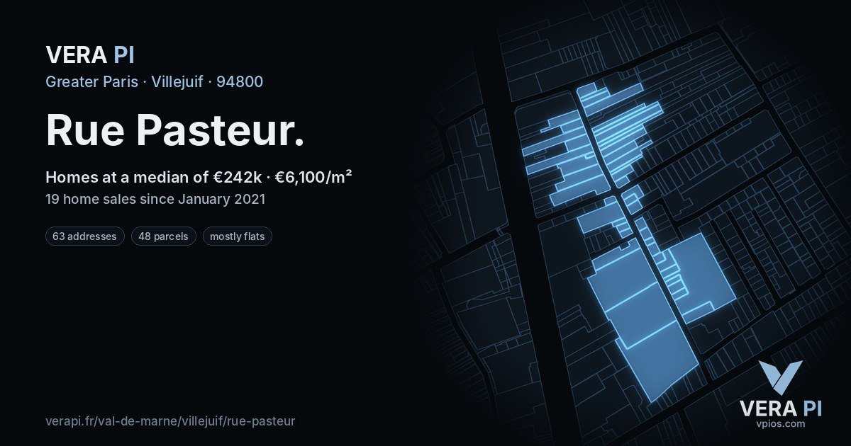 Rue Pasteur, Villejuif at night – every parcel coloured by the prices around it, the street's own parcels lit