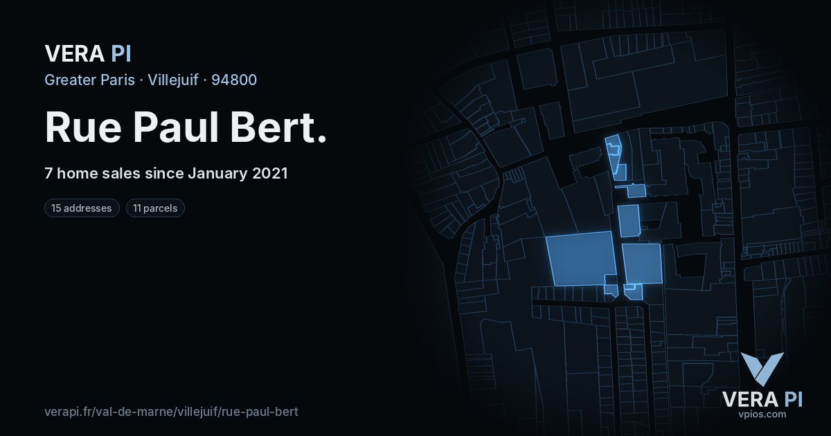 Rue Paul Bert, Villejuif at night – every parcel coloured by the prices around it, the street's own parcels lit