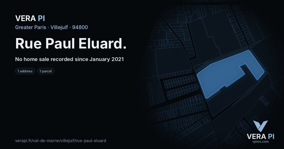 Rue Paul Eluard, Villejuif at night – every parcel coloured by the prices around it, the street's own parcels lit