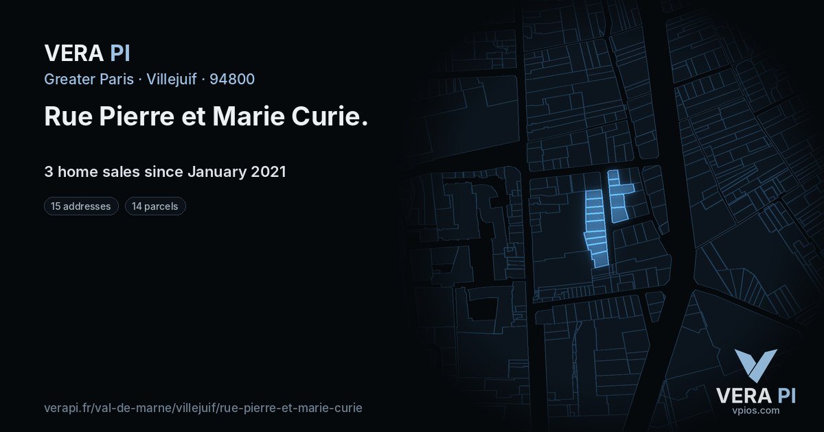 Rue Pierre et Marie Curie, Villejuif at night – every parcel coloured by the prices around it, the street's own parcels lit