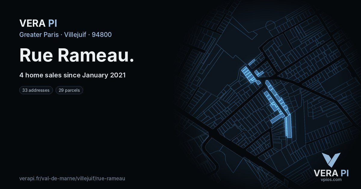 Rue Rameau, Villejuif at night – every parcel coloured by the prices around it, the street's own parcels lit