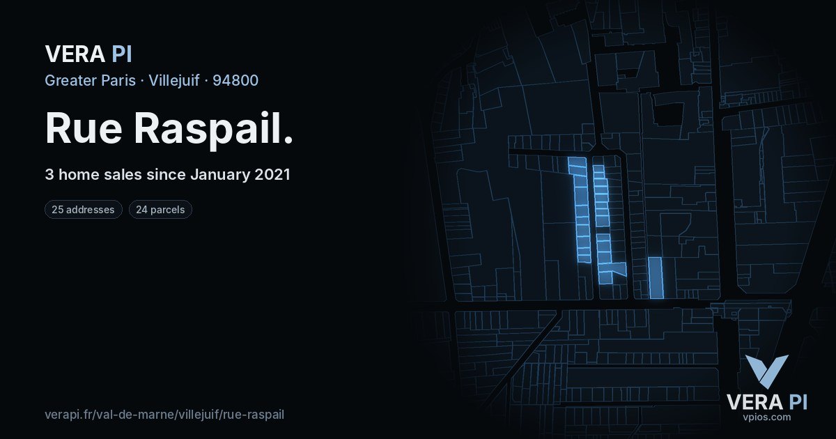 Rue Raspail, Villejuif at night – every parcel coloured by the prices around it, the street's own parcels lit