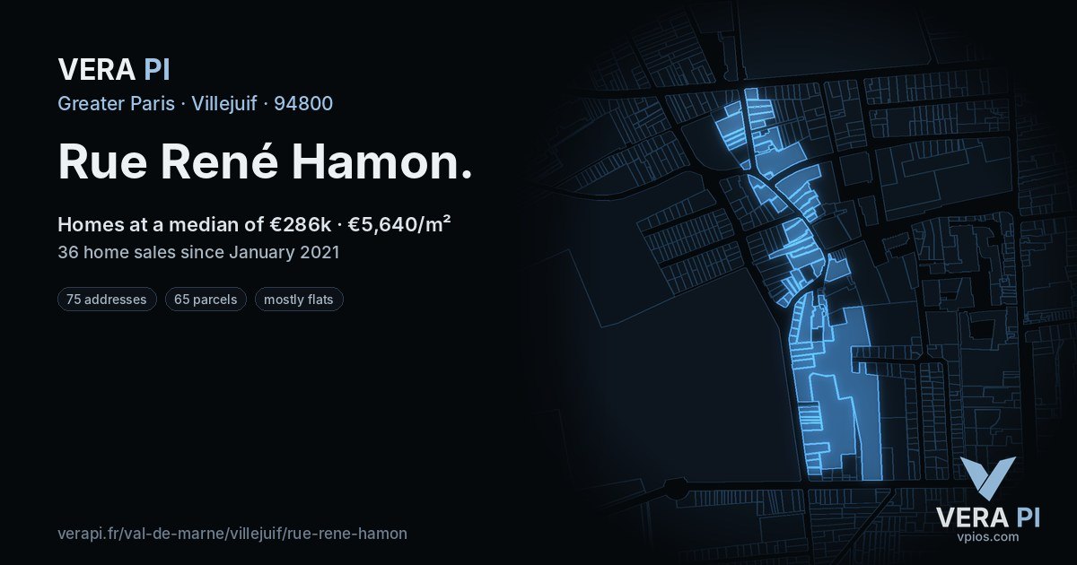 Rue René Hamon, Villejuif at night – every parcel coloured by the prices around it, the street's own parcels lit