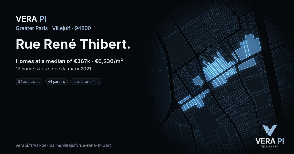 Rue René Thibert, Villejuif at night – every parcel coloured by the prices around it, the street's own parcels lit