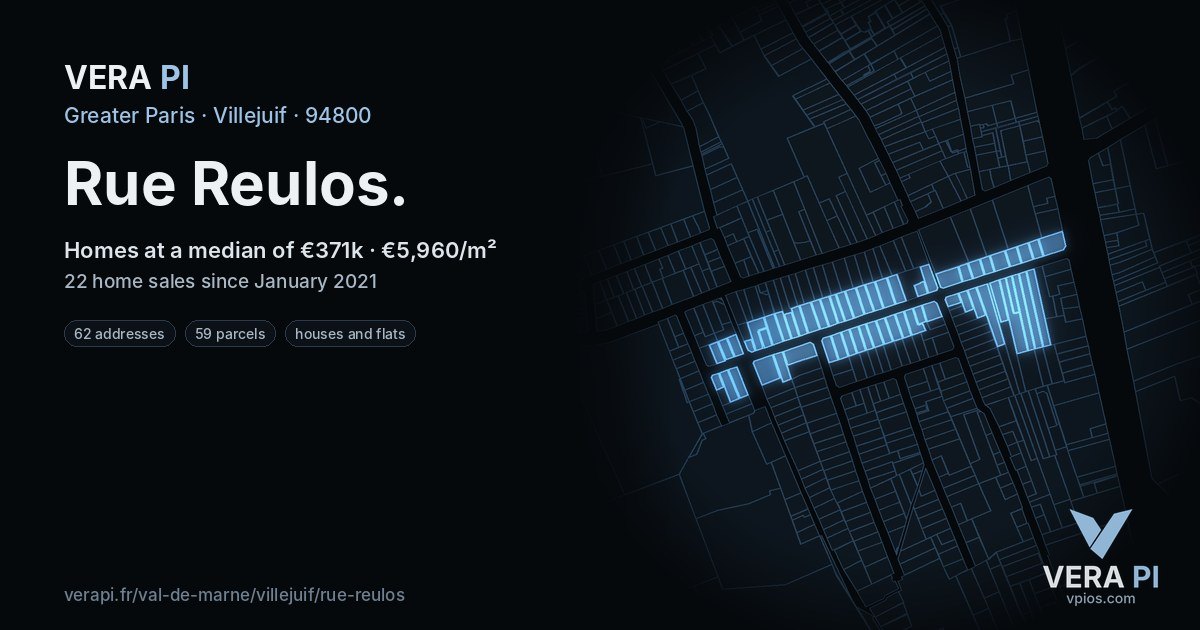 Rue Reulos, Villejuif at night – every parcel coloured by the prices around it, the street's own parcels lit