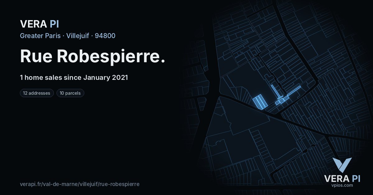 Rue Robespierre, Villejuif at night – every parcel coloured by the prices around it, the street's own parcels lit