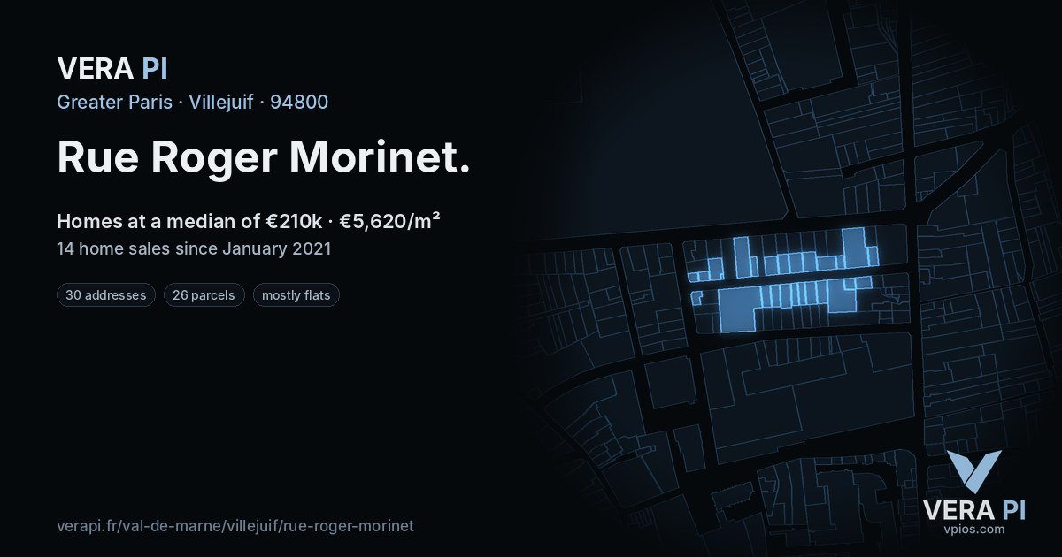 Rue Roger Morinet, Villejuif at night – every parcel coloured by the prices around it, the street's own parcels lit
