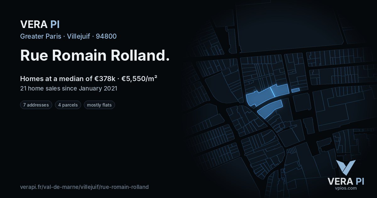 Rue Romain Rolland, Villejuif at night – every parcel coloured by the prices around it, the street's own parcels lit