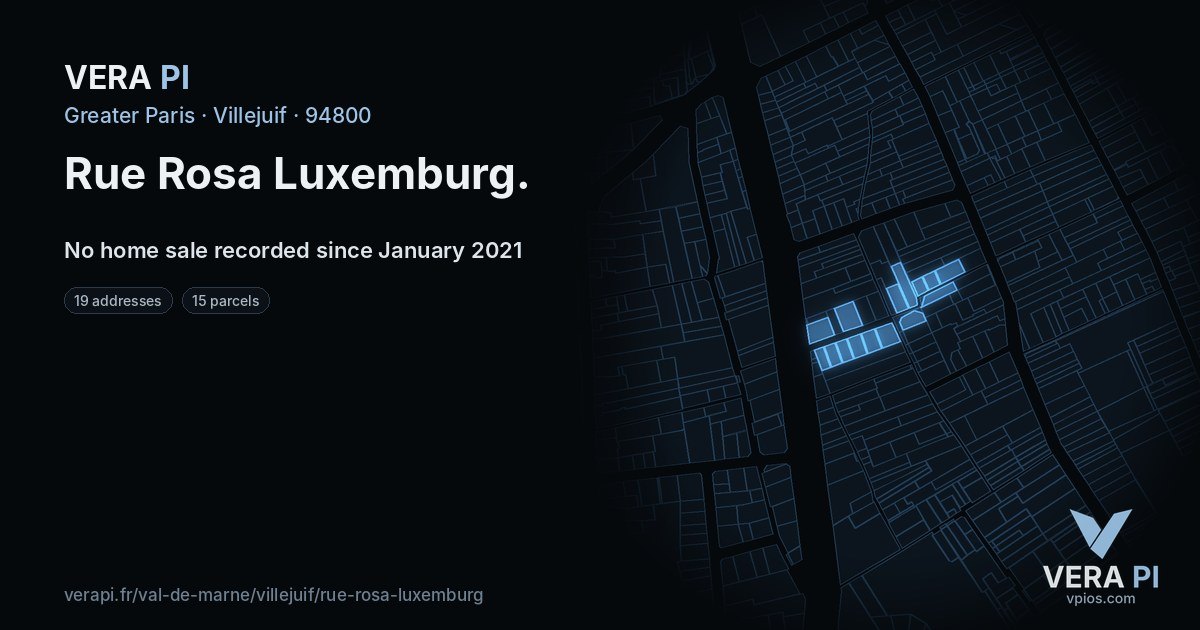 Rue Rosa Luxemburg, Villejuif at night – every parcel coloured by the prices around it, the street's own parcels lit