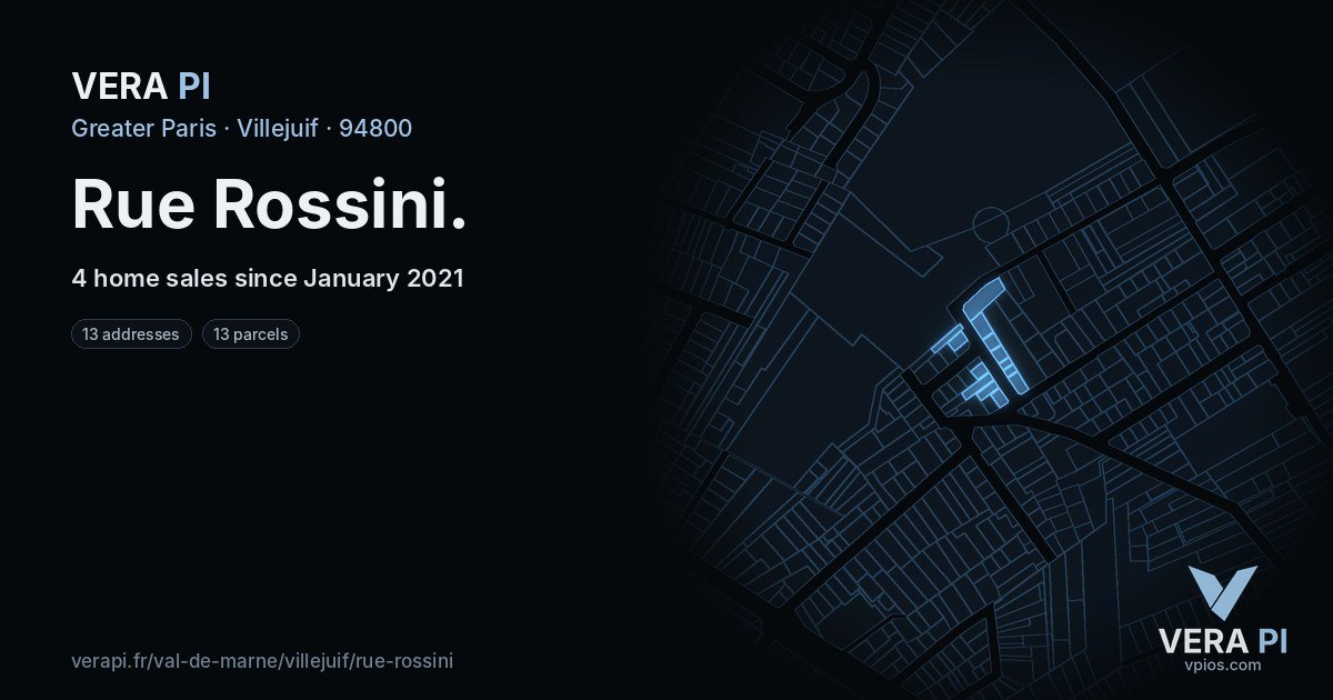 Rue Rossini, Villejuif at night – every parcel coloured by the prices around it, the street's own parcels lit