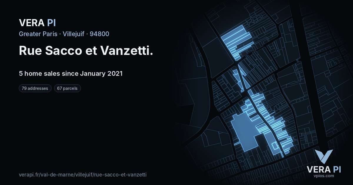 Rue Sacco et Vanzetti, Villejuif at night – every parcel coloured by the prices around it, the street's own parcels lit