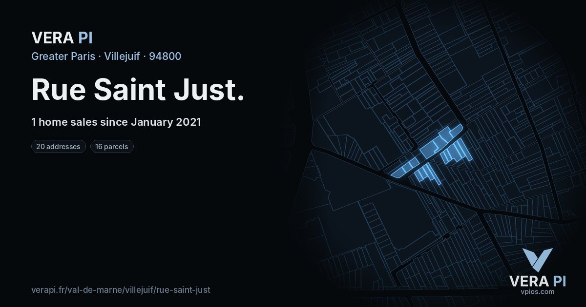 Rue Saint Just, Villejuif at night – every parcel coloured by the prices around it, the street's own parcels lit