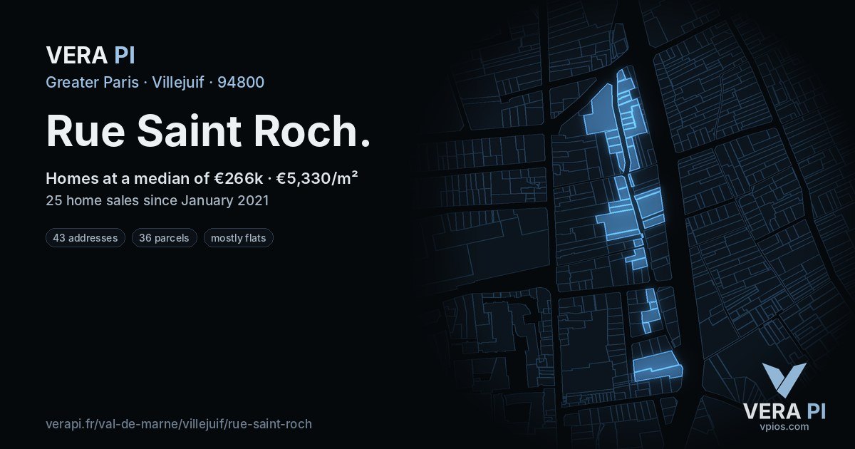 Rue Saint Roch, Villejuif at night – every parcel coloured by the prices around it, the street's own parcels lit
