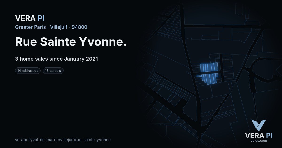 Rue Sainte Yvonne, Villejuif at night – every parcel coloured by the prices around it, the street's own parcels lit