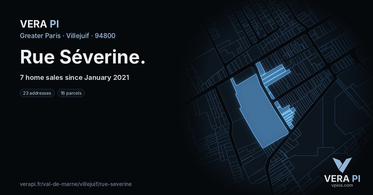 Rue Séverine, Villejuif at night – every parcel coloured by the prices around it, the street's own parcels lit