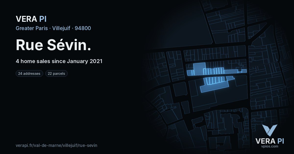 Rue Sévin, Villejuif at night – every parcel coloured by the prices around it, the street's own parcels lit