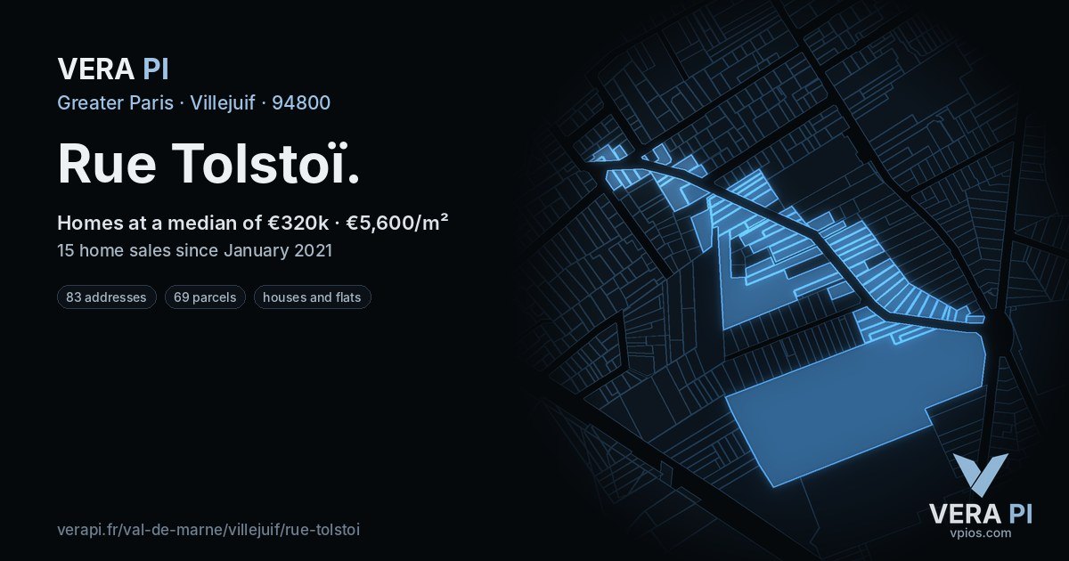 Rue Tolstoï, Villejuif at night – every parcel coloured by the prices around it, the street's own parcels lit