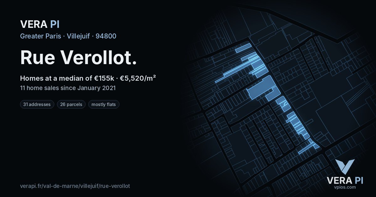 Rue Verollot, Villejuif at night – every parcel coloured by the prices around it, the street's own parcels lit
