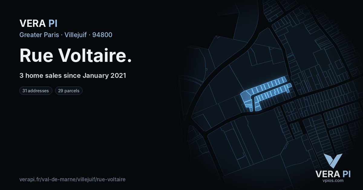 Rue Voltaire, Villejuif at night – every parcel coloured by the prices around it, the street's own parcels lit