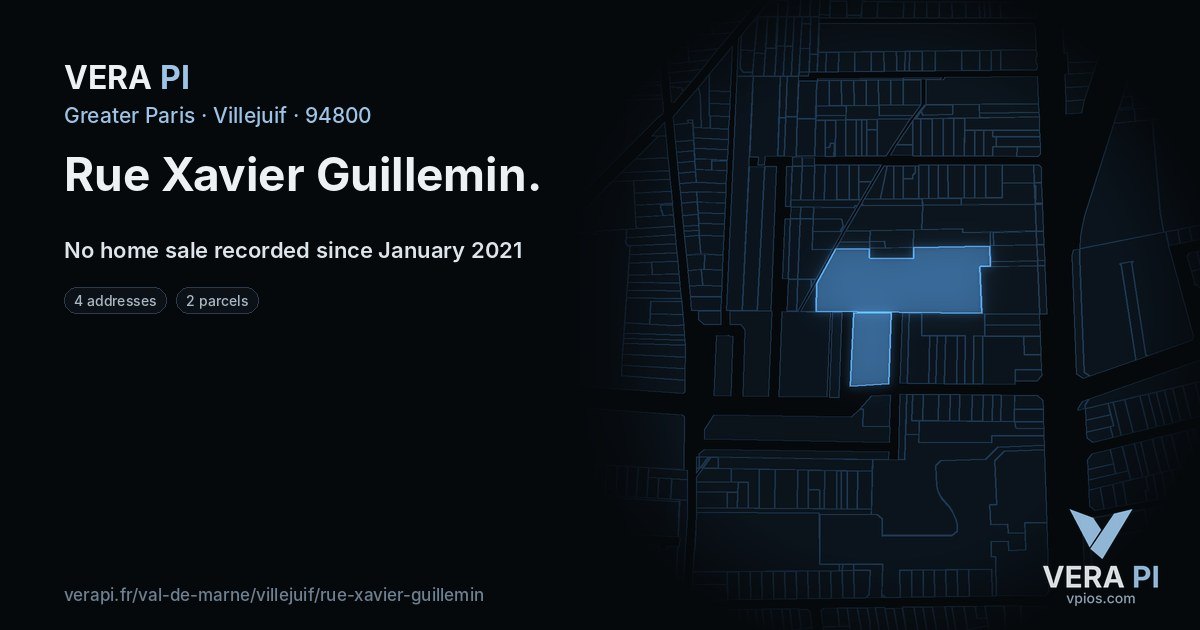 Rue Xavier Guillemin, Villejuif at night – every parcel coloured by the prices around it, the street's own parcels lit