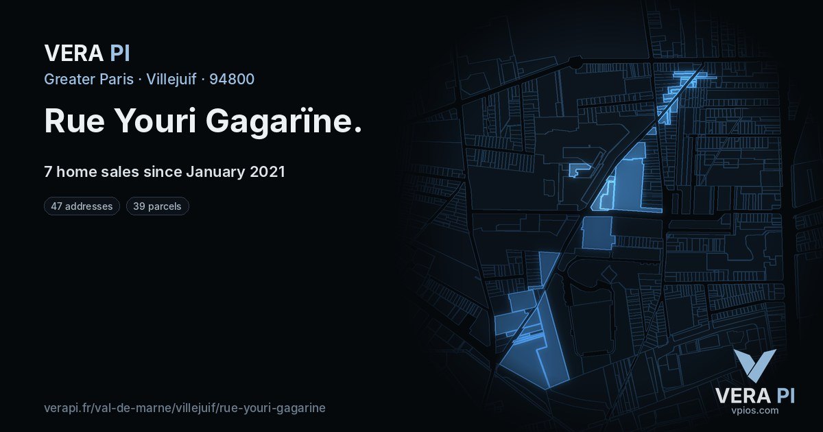 Rue Youri Gagarïne, Villejuif at night – every parcel coloured by the prices around it, the street's own parcels lit