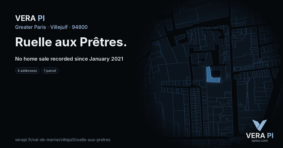Ruelle aux Prêtres, Villejuif at night – every parcel coloured by the prices around it, the street's own parcels lit