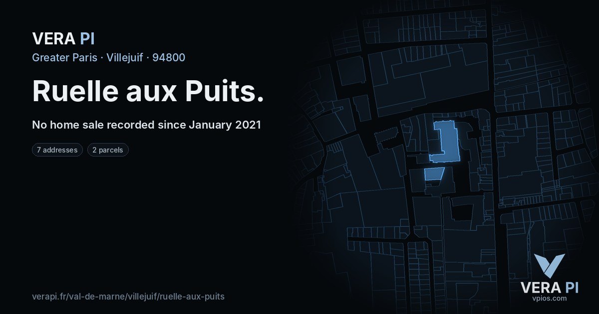 Ruelle aux Puits, Villejuif at night – every parcel coloured by the prices around it, the street's own parcels lit