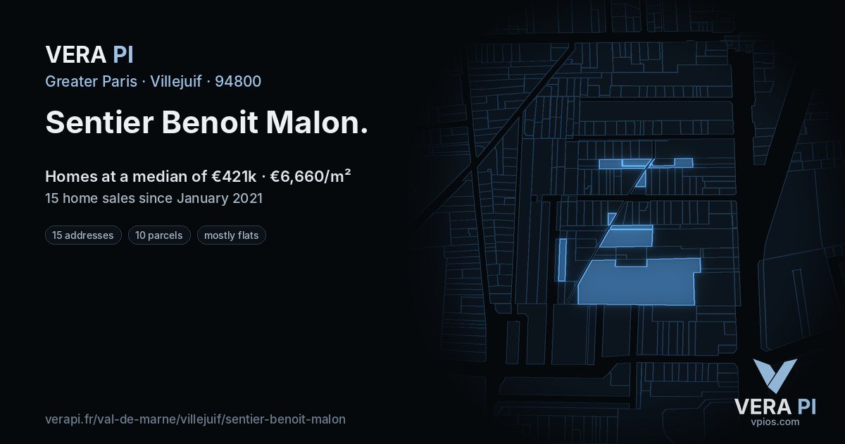 Sentier Benoit Malon, Villejuif at night – every parcel coloured by the prices around it, the street's own parcels lit