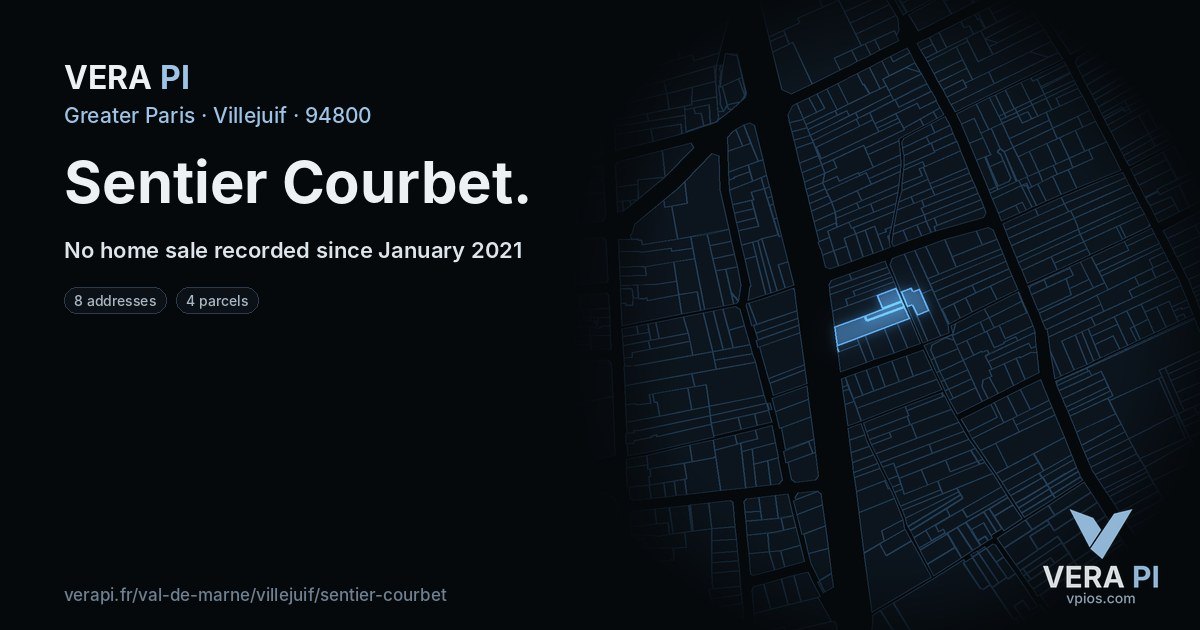 Sentier Courbet, Villejuif at night – every parcel coloured by the prices around it, the street's own parcels lit