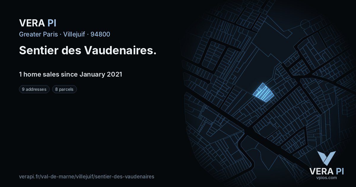 Sentier des Vaudenaires, Villejuif at night – every parcel coloured by the prices around it, the street's own parcels lit